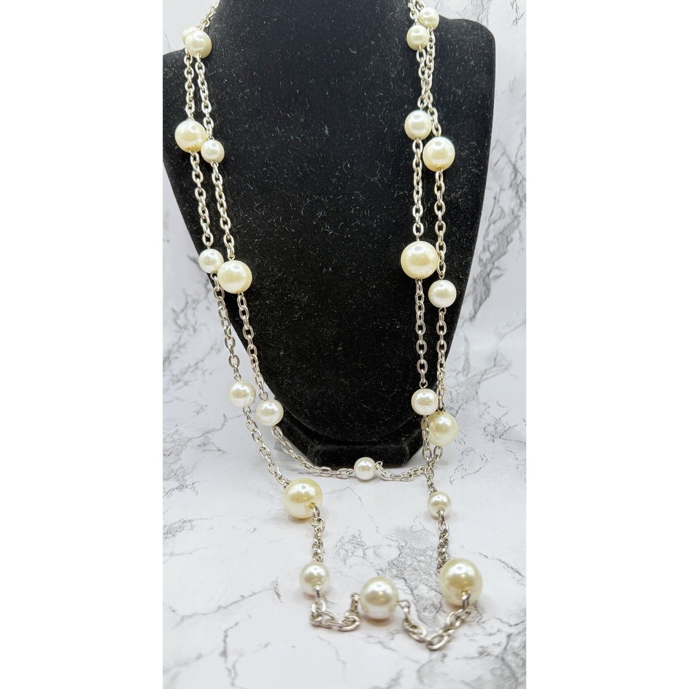 Chunky Silver Tone Beaded Necklace 2 Strand Large Pearl Style 25‎ & 32"